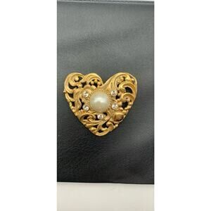 Vintage Open Scroll Work Heart Brooch Faux Pearls Clear Rhinestones